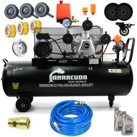 Olejowy kompresor powietrza Barracuda 3065 10 Bar butla 100L 600 l/min silnik 3kW 230V